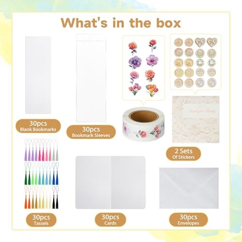 152 PCS Blank Watercolor Cards & Bookmarks Kit, 140lb/300gsm Cotton Paper, 30 Sets 4"x6" Cards with Envelopes, 30 Bookmark Sets with Sleeves, Tassels & Stickers for DIY Greeting Card & Craft Projects - Image 3