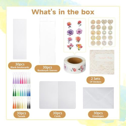 152 PCS Blank Watercolor Cards & Bookmarks Kit, 140lb/300gsm Cotton Paper, 30 Sets 4"x6" Cards with Envelopes, 30 Bookmark Sets with Sleeves, Tassels & Stickers for DIY Greeting Card & Craft Projects - Image 3