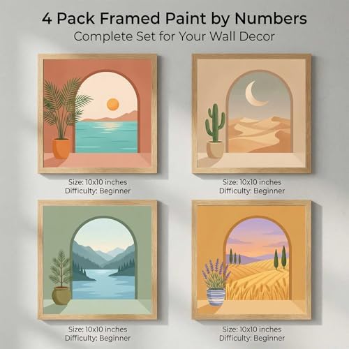 Amphol Framed Paint by Numbers Kit for Adults Beginners - 10x10 Inch Boho Landscape Easy 4 Pack Acrylic Paint by Number Kit on Framed Canvas, DIY Oil Painting Arts with Frame, Home Wall Decor Gift - Image 2