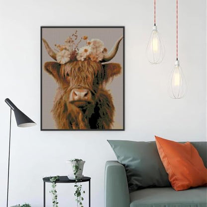 Stamped Cross Stitch Kits for Adults Beginners, Cow Flowers Easy DIY Counted Cross Stitch Kit Printed Patterns Dimensions Needlepoint Art Crafts Embroidery Kits for Home Wall Decor 15.7x11.8 inches - Image 3