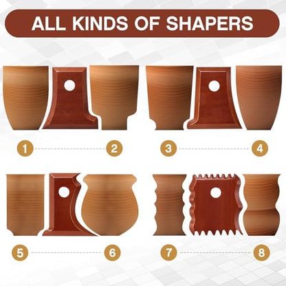 Amylove 7 Pcs Pottery Tools Pottery Foot Shaper Trimming Tools Profile Rib Bundle Foot Shaper for Ceramics for Carving Clay Molds Clay Texture Ribs Ceramics, Beech Wood (Stylish Style,Reddish Brown) - Image 3