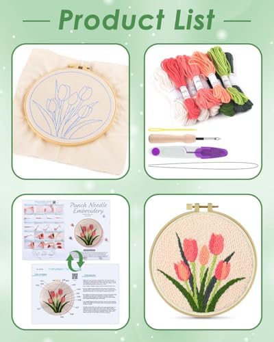 ERKOON Punch Needle Kit Beginners Adults, DIY Easy Flower Embroidery Set for Starter Art Craft, Needling Punching Project with Patterns, Tools, Yarns, Hoop, Instruction (Tulips) - Image 2