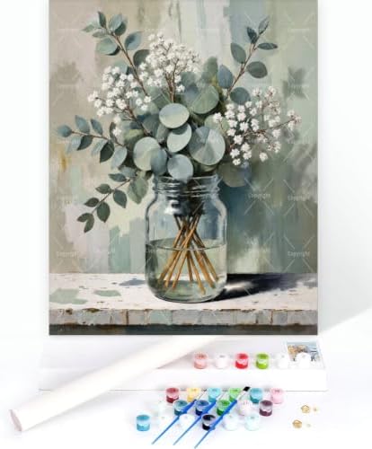 Sceorixa Still Life Paint By Numbers Kit for Adults - DIY Eucalyptus Bouquet in Jar Painting On Canvas, Acrylic Paint Set, Suitable for Beginners, Wall Art for Home Decor and Gifts(12X16IN Framed) - Image 3