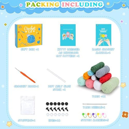 Fortuning's JDS Crochet Kit for Beginners, 3 PCS Dinosaur Cat Crochet Kits - Image 3
