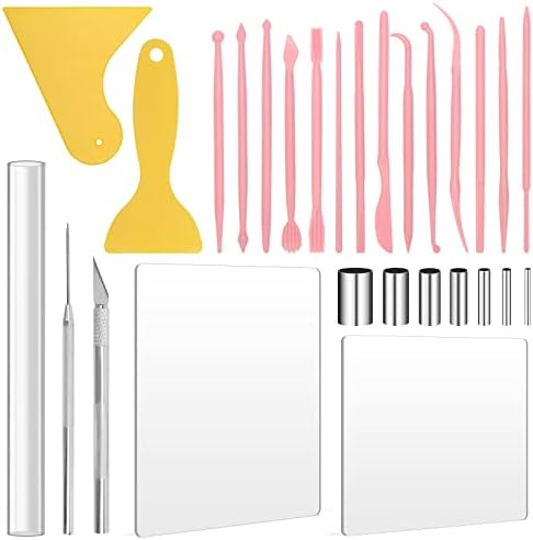 28Pcs Polymer Clay Cutter Tools, Pletpet Polymer Clay Tools Acrylic Roller/ 14 Sculpting Kits/ 7 Circle Shape Cutter/ 2 Acrylic Sheets for Press/ 2 Scarper/Needle Detail Shaping by Unknown