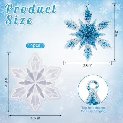 4 Pcs Snowflake Resin Molds, 3D Christmas Snowflake Molds, Christmas Epoxy Resin Mold for DIY Winter Xmas Pendant Decoration - Image 2