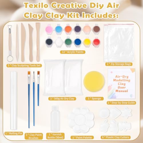 Texilo Air Dry Clay Kit for Adults, Pottery Starter Tools for Beginner, DIY Painting Making Set with Clay,Paints,Sculpting Tools,Varnish, Guide, Christmas Birthdays Gift for Arts Crafts Lover at Home - Image 2
