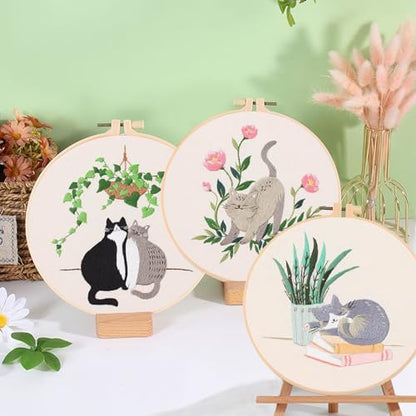 Ohcol 3 Sets Cat Embroidery Kit,Needlepoint Kits for Adults Beginner,Needle Point Sets with Washable Pre-Printed Pattern,1 Hoop,Women Hand Crafts - Image 2