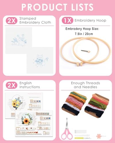 TINDTOP 2 Pack Embroidery Kit for Adult Beginners, Embroidery DIY Starter Kit, with Black Cat and Flowers Stamped Patterns, Hoop, Tools, Colorful Threads with Needles, Instructions - Image 2