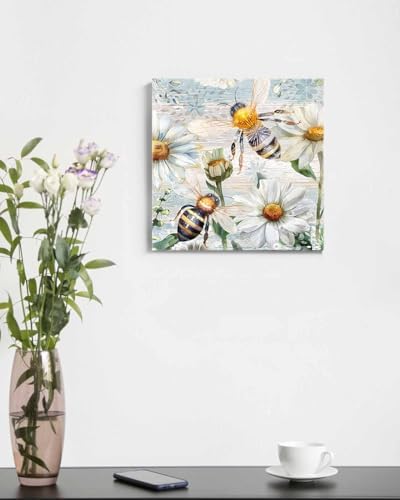 Sunteeny Paint by Number for Adults Beginner Bee Daisy Eucalyptus Floral Plants Rustic Blue Wood Grain DIY Digital Oil Painting by Numbers Picture Drawing On Canvas Framed 16"x16" - Image 4