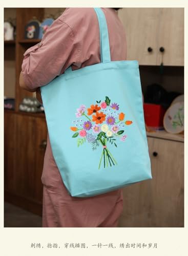 CREAWONDER Canvas Tote Bag Embroidery Kit with Pattern for Beginners, Arts and DIY Embroidery Crafts Kits for Adults, Include Instructions, Thimble, Embroidery Hoops, Color Threads and Tool - Image 2
