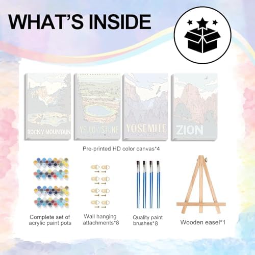 4 Pack Paint by Numbers Kit for Adults - Wooden Easel, National Park Paint by Numbers with Frame, Landscape Adult Painting by Number Kits on Canvas, Easy Oil Painting Arts Gift Wall Decor 8x12inch - Image 6