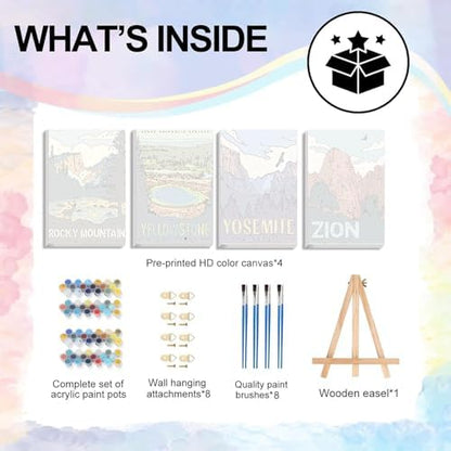 4 Pack Paint by Numbers Kit for Adults - Wooden Easel, National Park Paint by Numbers with Frame, Landscape Adult Painting by Number Kits on Canvas, Easy Oil Painting Arts Gift Wall Decor 8x12inch - Image 6
