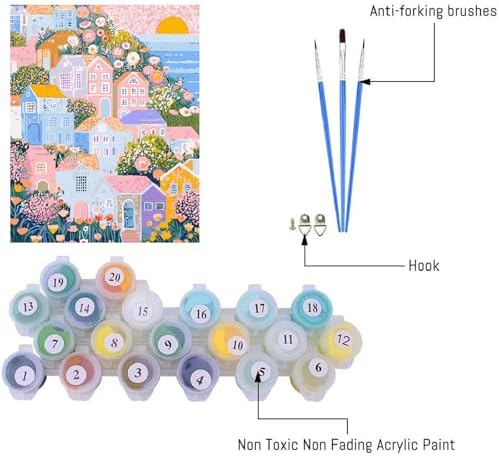 Clendo DIY Paint by Numbers Kit for Adults Beginner, Seaside House Adult Paint by Number Kits on Canvas, Oil Painting Kit for Gifts Home Wall Decor 16x20 Inch（No Frame） - Image 3