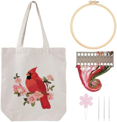 Louise Maelys Cardinal Embroidery Kit for Beginners Canvas Tote Bag by LouiseMaelys
