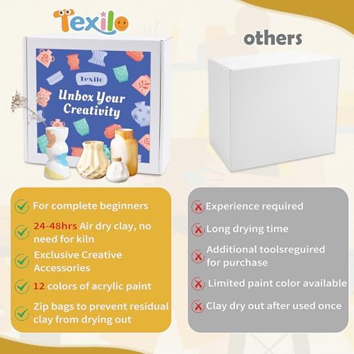 Texilo Air Dry Clay Kit for Adults, Pottery Starter Tools for Beginner, DIY Painting Making Set with Clay,Paints,Sculpting Tools,Varnish, Guide, Christmas Birthdays Gift for Arts Crafts Lover at Home - Image 3