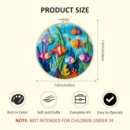 Zovylks Needle Felting Kit for Adults, 7.9 Inch Wool Felt Painting DIY Craft Set for Beginners, Needle Felt Starter Kit with Picture Frame, Foam Pad, Finger Cot (Goldfish) - Image 2