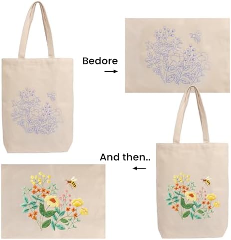 CREAWONDER Canvas Tote Bag Embroidery Kit with Pattern for Beginners, Arts and DIY Embroidery Crafts Kits for Adults, Include Instructions, Embroidery Hoops, Color Threads and Tool - Image 5
