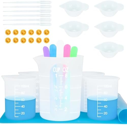 Creahaus Silicone Measuring Cups Tool Kit for Resin, Non-Stick 250 & 100ml Epoxy Mixing Cups, Reusable Resin Supplies with Silicone Mat, Stir Sticks, Pipettes, Cups for Molds, Jewelry Making by Creahaus