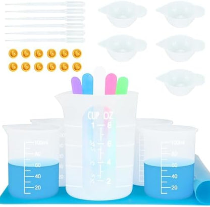 Creahaus Silicone Measuring Cups Tool Kit for Resin, Non-Stick 250 & 100ml Epoxy Mixing Cups, Reusable Resin Supplies with Silicone Mat, Stir Sticks, Pipettes, Cups for Molds, Jewelry Making by Creahaus