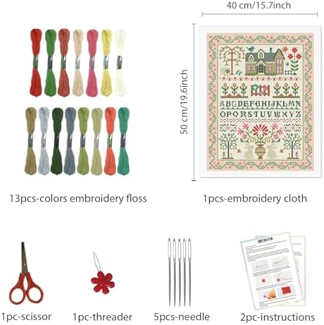 FREEBLOSS 11CT Stamped Cross Stitch Kits Folk Art House Pattern Cross Stitch Wall Painting Kit Embroidery Needlepoint Set for Beginners Adults 40x50cm/15.7x19.7inch - Image 2