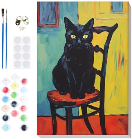Bowetile Framed Paint by Numbers Kit for Adults Beginner, Black Cat Adults' Paint-by-Number Kits on Canvas, Easy Acrylic Number Painting Kits Home Wall Decor Birthday Gifts, 8x12 in by BOWETILE