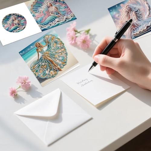 6pcs Diamond Painting Greeting Card with envelopes, DIY Shells and Mermaids Diamond Art Greeting Card for Blessing and Wish Special Shaped Arts Crafts for Christmas Birthday Thanksgiving Day Holiday - Image 6