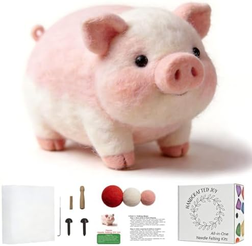 DIY Needle Felting Kit Cute Pink Pig – Needle Felting Starter Kit with Fiber Roving, Needles, Felting Pad & Instructions | Felted Farm Animal Kit for Beginners Adults | DIY Craft Gift Home Decoration by FaceNFace