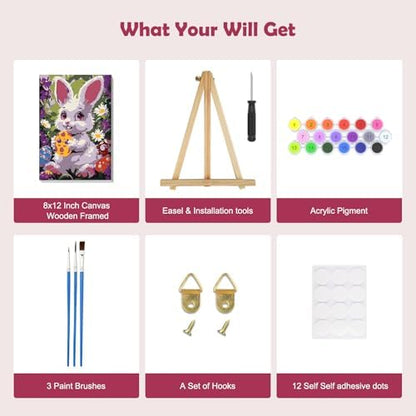 MOGTAA Easter Bunny Paint by Numbers Kit for Adults Beginners with Frame, Easter Eggs Adult Paint by Number Kits on Canvas with Easel, Easy DIY Flowers Oil Painting Kits for Home Decor, 8x12in - Image 5