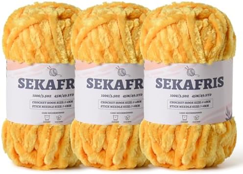 Chenille Velvet Soft Yarn Golden Yellow 3 Pack by Sekafris