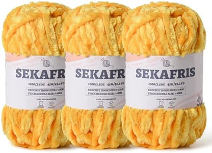 Chenille Velvet Soft Yarn Golden Yellow 3 Pack by Sekafris