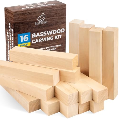 BeaverCraft Basswood Carving Blocks BW16 pcs - Soft Whittling Wood Carving Kit for Beginners - Unfinished Wooden Block Set - Basswood for Crafts by BeaverCraft