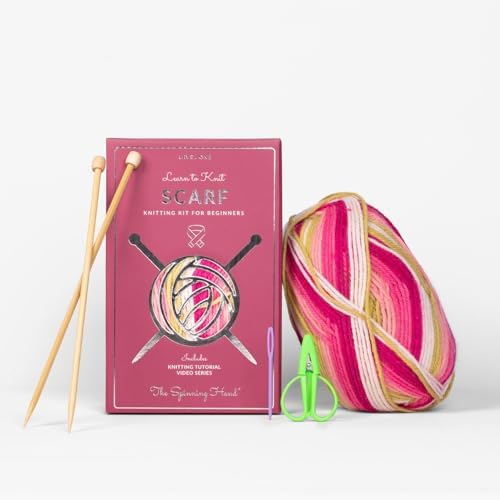 The Spinning Hand Knitting Kit for Beginners Adults – Educator-Designed, Self-Striping Wool Yarn, Bamboo Needles & Video Tutorials (Dragonfruit) by TheSpinningHand