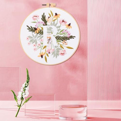 IUHUI Embroidery Kit for Beginners Adults - 26 Floral Letters Easy Patterns, DIY Hand Stitching Embroidery Set with Hoop (Flower and Grass Letter R) - Image 3