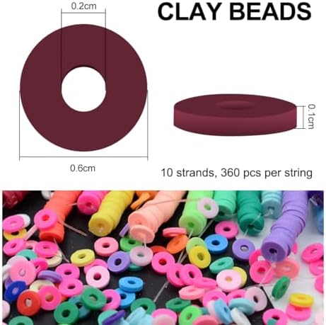 MIIIM 3600 PCS 10 Strands Polymer Clay Beads for Jewelry Making, Vinyl Heishi Beads 6mm for Surfer Bracelets Necklace Making (Maroon) - Image 3