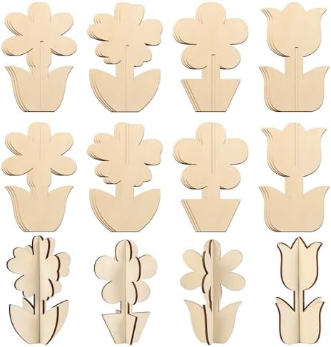 COCHIE DIY 3D Flower Spring Wood Crafts to Paint, Paintable Unfinished Wooden Slices for Craft, Flowers Cutouts Ornaments for Painting Decorations (24 PCS) by COCHIE