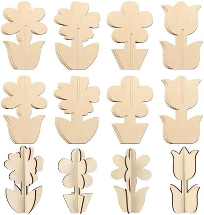 COCHIE DIY 3D Flower Spring Wood Crafts to Paint, Paintable Unfinished Wooden Slices for Craft, Flowers Cutouts Ornaments for Painting Decorations (24 PCS) by COCHIE