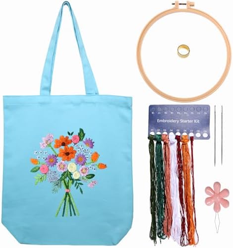 CREAWONDER Canvas Tote Bag Embroidery Kit with Pattern for Beginners, Arts and DIY Embroidery Crafts Kits for Adults, Include Instructions, Thimble, Embroidery Hoops, Color Threads and Tool by Unknown