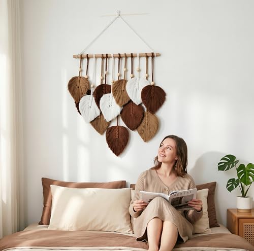 Zqyxiehuo DIY Macrame Leaf Wall Hanging Beginners Boho Wall Leaf Tapestry Kit Handmade Woven Tapestry Feather Wall Hanging DIY Macrame Kit for Adults Birthday Gift 15.8"(Brown) - Image 6