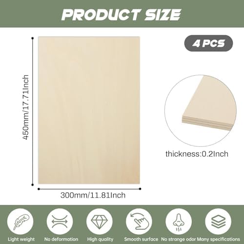 4 Pack Plywood Sheets, 11.8" x 17.1"x 0.2" Basswood Sheets - Image 2