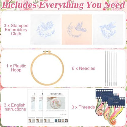 Mindsoft 3 Set Needlepoint Kit for Beginners with Hoop,Flower Hummingbird - Image 3