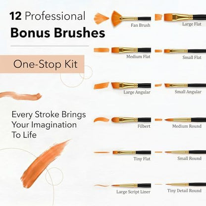 TMOL Acrylic Paint Set, 24 Colors (2 oz/Bottle) with 12 Art Brushes, Art Supplies for Painting Canvas, Wood, Ceramic & Fabric, Rich Pigments Lasting Quality for Beginners, Professional - Image 4