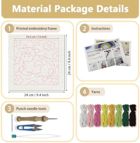 Doodlream Cow Flower Needle Kit for Beginner, 9.4"x 9.4" Cartoon Animal Punch Stitching Craft Set, Color DIY Embroidery Starter with Printed Frame, Instruction, Threader, Yarn, Pinch Needle - Image 2