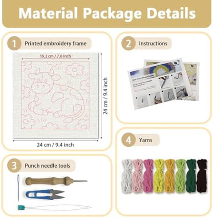 Doodlream Cow Flower Needle Kit for Beginner, 9.4"x 9.4" Cartoon Animal Punch Stitching Craft Set, Color DIY Embroidery Starter with Printed Frame, Instruction, Threader, Yarn, Pinch Needle - Image 2