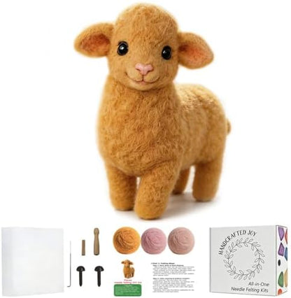 FACE N FACE DIY Needle Felting Kit Cute Golden Yellow Lamb Standing – Needle Felting Starter Kit with Fiber Roving, Needles, Felting Pad & Instructions | Felted Farm Animal Kit for Beginners Adults by FaceNFace