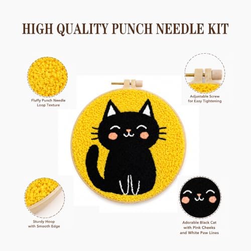 Punch Needle Kit for Beginners, DIY Black Cat Craft with Embroidery Hoop - Image 3