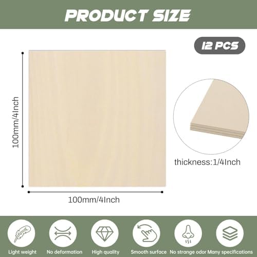 12 Pack Plywood Sheets, 4" x 4"x 1/4" Basswood Sheets - Image 2
