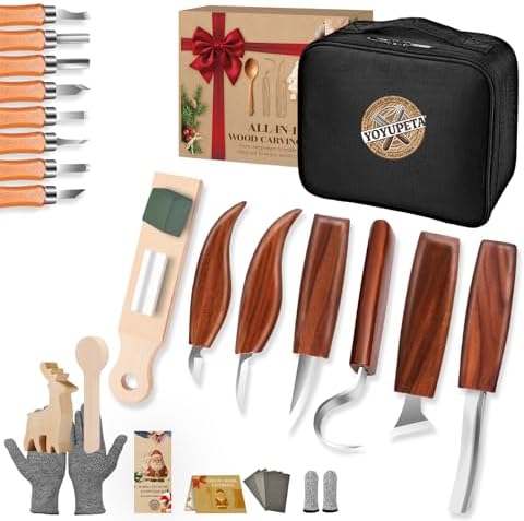 YOYUPETA Wood Carving Kit, 32-Piece Professional Whittling & Carving Tool Set with Walnut Handle Knives, Detail Gouges, Sharpening Stone, Strop, Basswood Blanks and Gloves for Adult Hobbyists & Craft by YOYUPETA