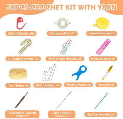 HATINXIA 58pcs Crochet Kit Beginners, Crochet Hook Set with Yarn, Portable Crocheting Kit for Starter, Ergonomic Crochet Needles Tools DIY Knitting Accessories for Experienced Crochet Lovers, Leopard - Image 2