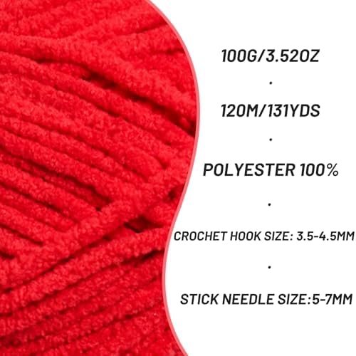 2 Pack Plush Chunky Chenille Yarn for Crocheting, Soft Fluffy Velvet Yarn for Crocheting Amigurumi, Fuzzy Baby Blanket Knitting 200g/262yds Bulky(2 Red) - Image 2